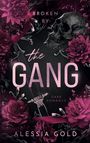„Broken by the Gang“, „Dark Romance“, „Alessia Gold“. Ein Schädel, Rosen, ein Schwert und Ketten, alles in dunklem Rosa.