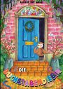 "Die Buchstabendiebin" in bunten Buchstaben, darüber eine Eule vor einer blauen Tür mit Buchstabenkette und Blumen.
