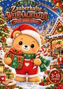 Ein Bär in Weihnachtskleidung hält ein Geschenk und eine Zuckerstange. Weihnachtsszene mit Schneemann und Spielzeug.