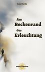 "Am Beckenrand der Erleuchtung" von Jens Durke. Ein Mensch geht auf einem Weg entlang eines hellen, abstrakten Hintergrunds.