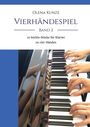 Aufschrift: Olena Kunze, Vierhändespiel, Band 2. Zwei Personen spielen Klavier, vier Hände auf der Tastatur.