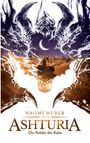 "Naomi Huber. Ashturia: Die Brüder des Kalas." Illustration eines Drachens über einer Wüstenszene mit Mond und Stadt.