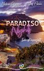 "Paradiso Nights: Liebe ist unperfekt" in lebendiger Schrift vor Küstenlandschaft bei Dämmerung, Häuser und Pflanzen.
