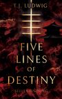 "T.J. Ludwig. Five Lines of Destiny. Seelenbindung." Rote Rauchschwaden und Silhouette eines asiatischen Gebäudes.