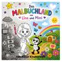 "Das Malbuchland von Lina und Mimi". Links graue Stadt, rechts farbenfrohe Landschaft mit Regenbogen, Sonne und Blumen.