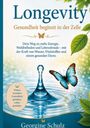 Text: Longevity, Gesundheit beginnt in der Zelle. Blaue Wasser-Tropfenskulptur, Schmetterling und grüne Blätter.