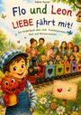 Buchtitel: "Flo und Leon - LIEBE fährt mit!" Ein fröhlicher Junge hält einen Drachen. Im Hintergrund: Menschen und Zug.