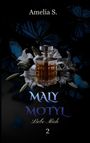 Amelia S. Maly Motyl Liebe Mich 2. Ein Parfümflakon mit weißen Lilien und blauen Schmetterlingen im Hintergrund.