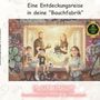 Texte: "Eine Entdeckungsreise in deine 'Bauchfabrik'", "Dr. Scoby von Gutzbe", "Fermentationsexperte", "Geschmacksphilosoph & Sternekoch". Illustration zeigt eine Familie in einer bunten urbanen Umgebung.