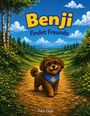„Benji findet Freunde“ oben, „Petra Cords“ unten. Illustration: Fröhlicher Hund auf Waldweg, blauer Himmel.