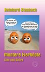 Zwei Eier mit Gesichtern am Strand; einer weint, der andere lächelt. Titel: "Muntere Eierköpfe - Sinn und Satire".