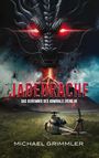 "JADEDRACHE. DAS GEHEIMNIS DES ADMIRALS ZHENG HE. MICHAEL GRIMMLER." Ein feuerspeiender Drache über einem Vulkan, Helikopter fliegt.