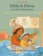 „Eddy & Elena und der Piratenschatz“. Mutter und Kind spielen Pirat in einem Wohnzimmer. Illustrationen mit Wellen und Dekor.