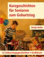 „Kurzgeschichten für Senioren zum Geburtstag“ von Henja Holm. Illustration eines Jungen mit Fahrrad und Mädchen mit Puppe.