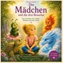 „Das Mädchen und die drei Besucher“ von Marylou Schimpke. Illustration: Mädchen und bunte Fantasiewesen im Wald.