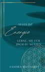 "Alles ist Energie. Lerne, sie für dich zu nutzen." - Sandra Reinhardt. Türkiser Hintergrund, goldene Linien, geometrisches Muster.