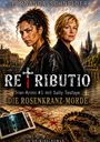 Ein Kriminalroman-Cover mit zwei ernsten Frauen, städtischer Hintergrund, Fotos, Rosenkranz und blutverschmierte Karte.