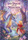 "Der Drache und das Mädchen", zauberhafte Illustration mit einem blauen Drachen und einem blondem Mädchen im Wald.