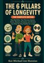 "The 6 Pillars of Longevity: Nutrition, Nervous System, Stress, Muscle, Hormones, Lifestyle. Zwei fröhliche Figuren."
