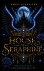 "House of Seraphine", darunter "Der blaue Engel", ein Schloss mit Engelsflügeln vor einem Vollmond, verziert mit Juwelen.