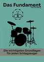 „Das Fundament“ von Dennis Berg. Logo mit Drumsticks. Silhouette eines Schlagzeugs vor einem Gebäude.