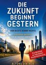 Text: "DIE ZUKUNFT BEGINNT GESTERN. VON NICHTS KOMMT NICHTS. Leadership Insights für die nächste Generation. Plus Workbook zur individuellen Standortbestimmung. Alfons Dintner."

Ein Mann im Anzug läuft in Richtung einer Stadt voller Wolkenkratzer, links eine Kirche in einer Berglandschaft.
