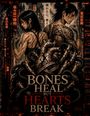 "BONES HEAL BUT HEARTS BREAK". Zwei tätowierte Kämpfer mit Schlangen, Narben und asiatischem Schriftzeichen-Hintergrund.