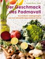"Der Geschmack des Padmavati" mit buntem Gemüse wie Romanesco, Limetten, Granatapfel und Gewürzen auf Holzbrett.