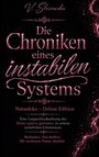 Text: "Die Chroniken eines instabilen Systems. Naturdoku – Deluxe Edition. Beobachtet. Protokolliert. Mit trockenem Humor überlebt." Das Motiv zeigt glitzernde, rosafarbene Buchstaben auf schwarzem Hintergrund mit verschnörkelten Verzierungen.