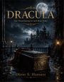 „DRACULA“ in großen Buchstaben. Dunkle, gotische Szenerie mit Sarg, Schloss auf Hügel und Vollmond.