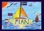 Text "FIAN" auf einem Segelboot. Gelbes Segel, Fahnen, Möwe auf einem Pfahl, blauer Himmel, fliegende Vögel.