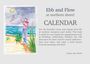 Texte: „Ebb and Flow at northern shore! CALENDAR“. Aquarell: Person am Strand mit Drachen. Design: silja schmid.