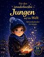 Für den wunderbarsten Jungen auf der Welt. Illustration: Junge im Schnee hält leuchtende Funken.