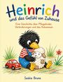 "Heinrich und das Gefühl von Zuhause. Eine Geschichte über Pflegekinder, Veränderungen und das Ankommen. Saskia Brune." Illustration: Ein Rabe in Latzhose hält ein Schaf. Links ein rotes Spielzeugauto, rechts eine Blume.