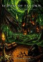 "Echoes of Felorn: Heirs of Decay" über einer brennenden, gotischen Burg. Vordergrund zeigt Kerze, Helm, Karte.