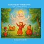 "Susi und der Nebelclown", Illustration: Ein fröhlicher Clown aus Wolken, Susi, ein Kätzchen, Blumen und ein Baum.