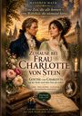 "Zuhause bei Frau Charlotte von Stein" steht über einem historischen Paar. Bücher, Blumen und eine Kerze sind dekorativ arrangiert.
