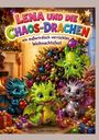 "LENA UND DIE CHAOS-DRACHEN, ein außerirdisch verrücktes Weihnachtsfest." Niedliche Drachen spielen unter einem geschmückten Baum.