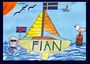 "FIAN" steht auf einem Segelboot mit gelben und orangen Segeln, umgeben von Wasser, Vögeln und Flaggen.