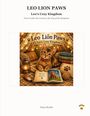 Oben stehen "LEO LION PAWS" und "Leo's Cozy Kingdom". Darunter eine Illustration einer Katze mit Laterne und Büchern.