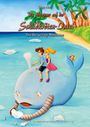Buchtitel: "Die Abenteuer auf der Schildkröten-Insel: Die Recycling-Maschine". Zwei Kinder auf einem blauen Wal am Strand.