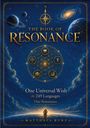 „THE BOOK OF RESONANCE“, Weltraummotiv mit Planeten und einem Segelschiff, goldene Texte und Symbole in einem blauen Universum.