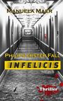 "MANUELA MAER" oben, "Philips erster Fall" mittig, "INFELICIS" gelber Streifen. Roter Handabdruck und Blutflecken, Thriller-Stil.