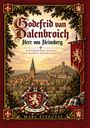 Cover eines historischen Romans mit mittelalterlicher Burg, Wappen mit Löwe und Fahne, Schrift in gotischem Stil.