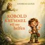 Ein kleiner, fröhlicher Kobold steht auf einem Waldweg, winkt. Eine Eule sitzt auf einem Baum.