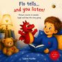 Text: "Flo tells... and you listen!", "Picture stories to wonder, laugh and keep the story going", "no text for children aged 3+". Illustration: Ein Kind im Bett mit einem Buch, einem Drachen und einem Teddybären. Ein Herzlampe leuchtet.