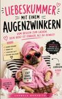 "Liebeskummer mit einem Augenzwinkern" steht groß. Ein Hund in Bademantel mit Sonnenbrille hält eine Tasse.