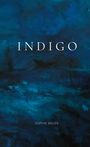 Text: "INDIGO" und "SOPHIE BAUER". Blaues abstraktes Gemälde, dunkel und intensiv.