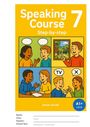 "Speaking Course 7 Step-by-step." Illustration von Personen im Gespräch. Sprechblasen, TV und Kreuz-Symbol. A1+ CEFR.