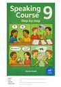 "Speaking Course 9 Step-by-step" und "Dennis Arnold". Cartoon-Stil: Redende Menschen mit Sprechblasen und Symbolen.